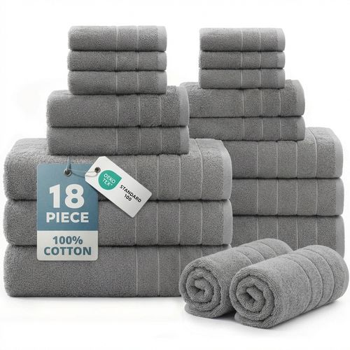 18 Piece Cotton Towels Set in Cool Grey