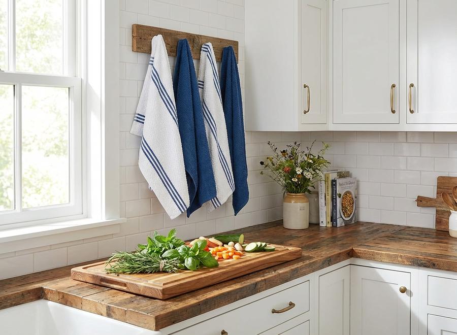 Kitchen towels in farmhouse kitchen